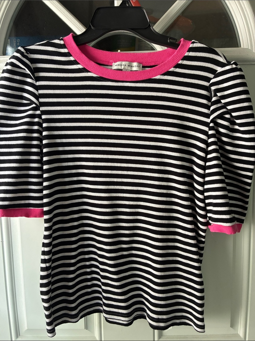 Rebecca Minkoff Black & White Striped Top with Pink Trim